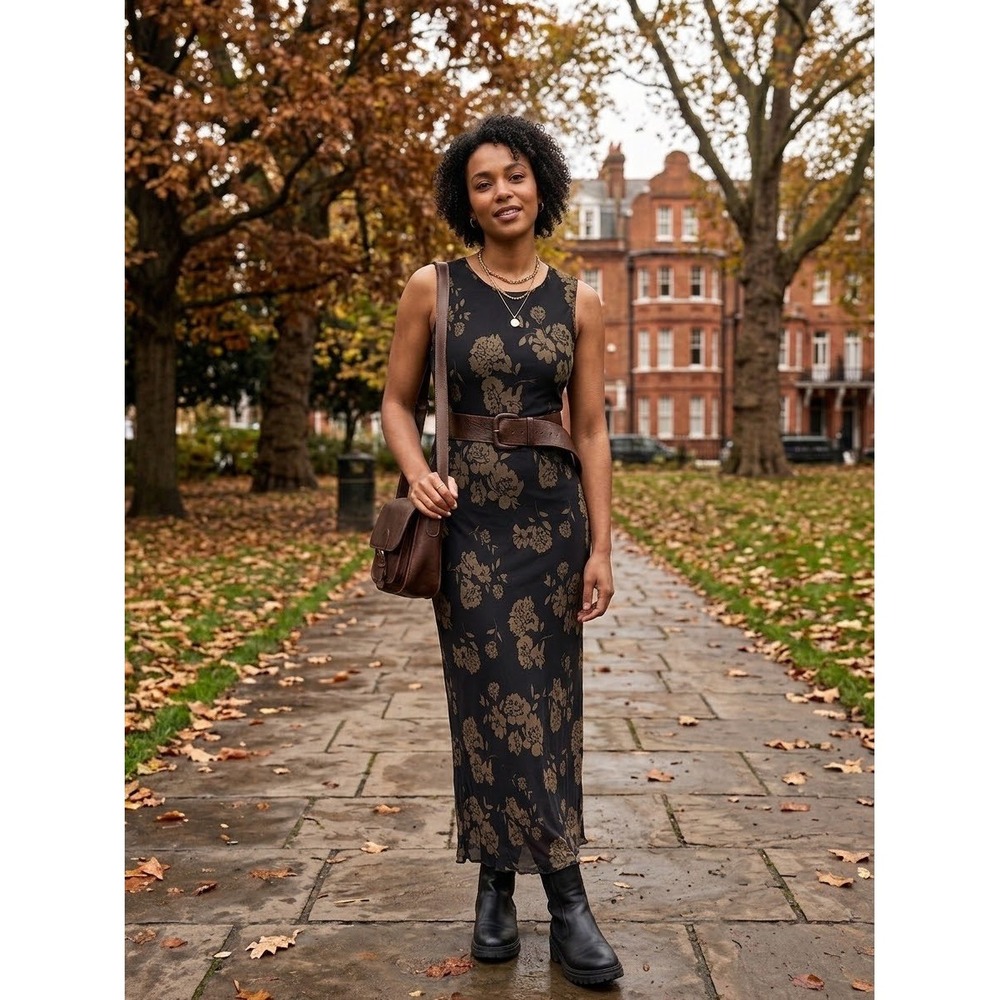 Quince Silk Blend Floral Midi Dress Black Tan Sleeveless Keyhole Back Size M